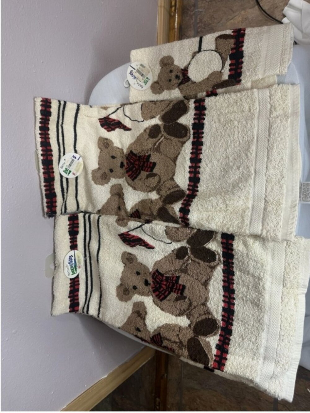 Vintage NWT RA Briggs Bath Towel 3 Teddy Bears Red Black Plaid Plush Cotton 1986
